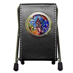 Beauty Stained Glass Castle Building Pen Holder Desk Clock