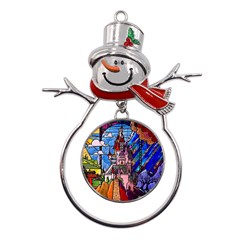 Beauty Stained Glass Castle Building Metal Snowman Ornament