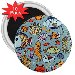 Cartoon Underwater Seamless Pattern With Crab Fish Seahorse Coral Marine Elements 3  Magnets (10 Pack) 