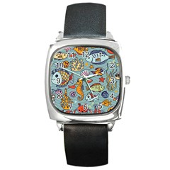 Cartoon Underwater Seamless Pattern With Crab Fish Seahorse Coral Marine Elements Square Metal Watch by Bedest