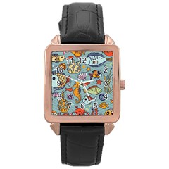Cartoon Underwater Seamless Pattern With Crab Fish Seahorse Coral Marine Elements Rose Gold Leather Watch  by Bedest