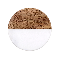 Cartoon Underwater Seamless Pattern With Crab Fish Seahorse Coral Marine Elements Classic Marble Wood Coaster (round) 