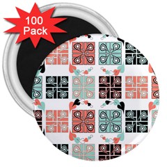 Mint Black Coral Heart Paisley 3  Magnets (100 Pack) by Bedest