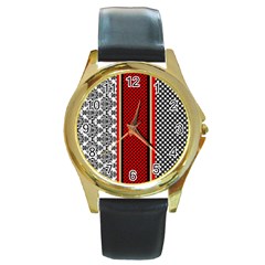 Background-damask-red-black Round Gold Metal Watch by Bedest