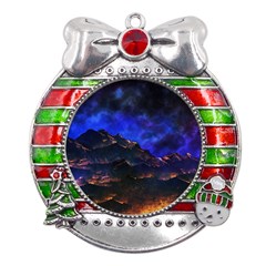 Landscape-sci-fi-alien-world Metal X mas Ribbon With Red Crystal Round Ornament by Bedest