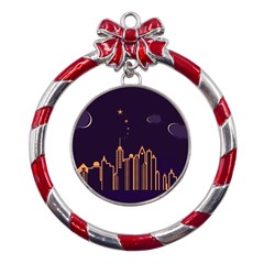 Skyscraper Town Urban Towers Metal Red Ribbon Round Ornament by pakminggu