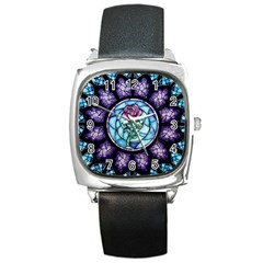 Cathedral Rosette Stained Glass Beauty And The Beast Square Metal Watch