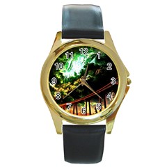 Science-fiction-forward-futuristic Round Gold Metal Watch by Cowasu