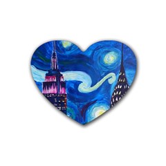 Starry Night In New York Van Gogh Manhattan Chrysler Building And Empire State Building Rubber Heart Coaster (4 Pack)