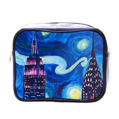 Starry Night In New York Van Gogh Manhattan Chrysler Building And Empire State Building Mini Toiletries Bag (one Side) by Sarkoni