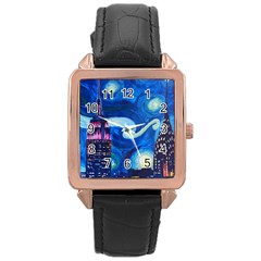 Starry Night In New York Van Gogh Manhattan Chrysler Building And Empire State Building Rose Gold Leather Watch  by Sarkoni