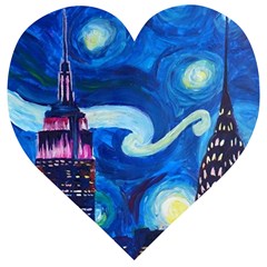 Starry Night In New York Van Gogh Manhattan Chrysler Building And Empire State Building Wooden Puzzle Heart by Sarkoni