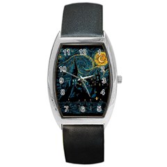 Castle Starry Night Van Gogh Parody Barrel Style Metal Watch by Sarkoni