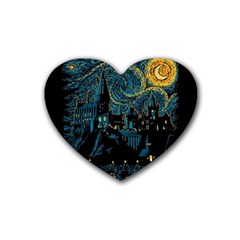 Castle Starry Night Van Gogh Parody Rubber Heart Coaster (4 Pack) by Sarkoni