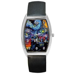 Castle Starry Night Print Van Gogh Parody Barrel Style Metal Watch