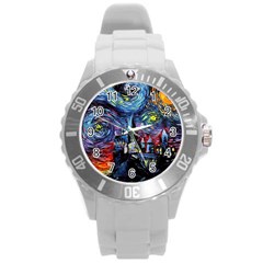 Castle Starry Night Print Van Gogh Parody Round Plastic Sport Watch (l)