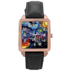 Castle Starry Night Print Van Gogh Parody Rose Gold Leather Watch 