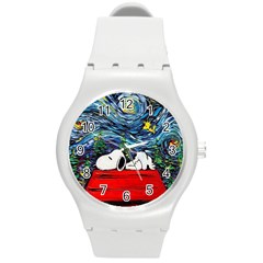 Dog Cartoon Vincent Van Gogh s Starry Night Parody Round Plastic Sport Watch (m)