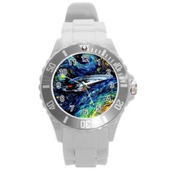 Spaceship Galaxy Parody Art Starry Night Round Plastic Sport Watch (l)