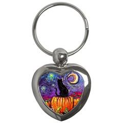 Halloween Art Starry Night Hallows Eve Black Cat Pumpkin Key Chain (heart) by Sarkoni