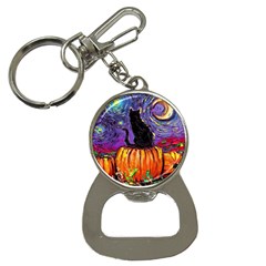 Halloween Art Starry Night Hallows Eve Black Cat Pumpkin Bottle Opener Key Chain