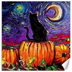 Halloween Art Starry Night Hallows Eve Black Cat Pumpkin Canvas 20  X 20 