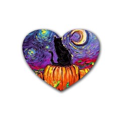 Halloween Art Starry Night Hallows Eve Black Cat Pumpkin Rubber Heart Coaster (4 Pack)