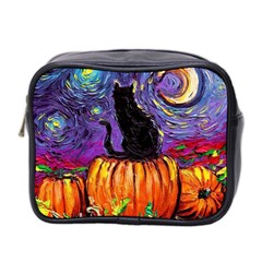 Halloween Art Starry Night Hallows Eve Black Cat Pumpkin Mini Toiletries Bag (two Sides) by Sarkoni