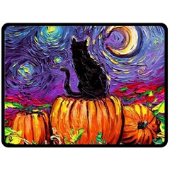 Halloween Art Starry Night Hallows Eve Black Cat Pumpkin Fleece Blanket (large) by Sarkoni