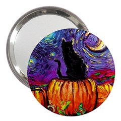 Halloween Art Starry Night Hallows Eve Black Cat Pumpkin 3  Handbag Mirrors by Sarkoni