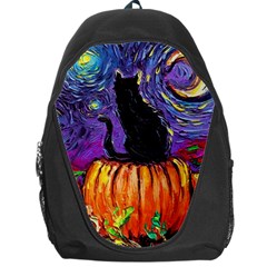 Halloween Art Starry Night Hallows Eve Black Cat Pumpkin Backpack Bag by Sarkoni
