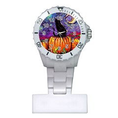 Halloween Art Starry Night Hallows Eve Black Cat Pumpkin Plastic Nurses Watch