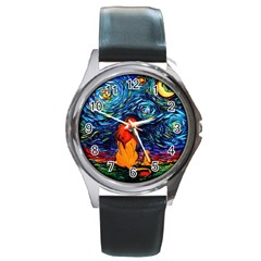 Lion Art Starry Night Van Gogh Round Metal Watch by Sarkoni