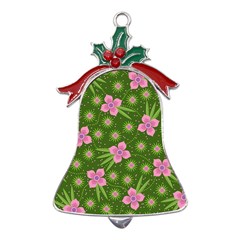 Pink Flower Background Pattern Metal Holly Leaf Bell Ornament by Ravend