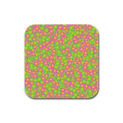 Pink Flower Background Green Pattern Rubber Square Coaster (4 Pack)