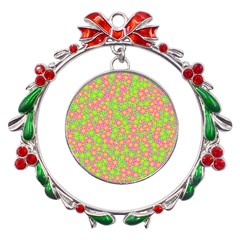 Pink Flower Background Green Pattern Metal X mas Wreath Ribbon Ornament by Ravend