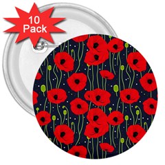 Background Poppies Flowers Seamless Ornamental 3  Buttons (10 Pack) 