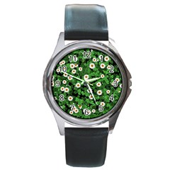 Daisies Clovers Lawn Digital Drawing Background Round Metal Watch