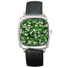 Daisies Clovers Lawn Digital Drawing Background Square Metal Watch