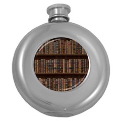 Old Bookshelf Orderly Antique Books Round Hip Flask (5 Oz)