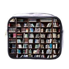 Book Collection In Brown Wooden Bookcases Books Bookshelf Library Mini Toiletries Bag (one Side)