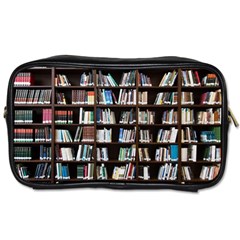 Book Collection In Brown Wooden Bookcases Books Bookshelf Library Toiletries Bag (two Sides)