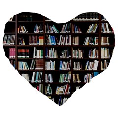 Book Collection In Brown Wooden Bookcases Books Bookshelf Library Large 19  Premium Heart Shape Cushions