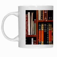 Assorted Title Of Books Piled In The Shelves Assorted Book Lot Inside The Wooden Shelf White Mug by Ravend