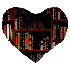 Assorted Title Of Books Piled In The Shelves Assorted Book Lot Inside The Wooden Shelf Large 19  Premium Heart Shape Cushions by Ravend