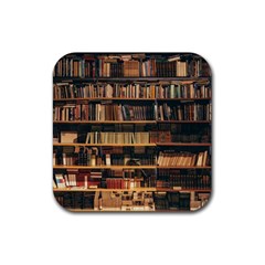 Books On Bookshelf Assorted Color Book Lot In Bookcase Library Rubber Coaster (square) by Ravend