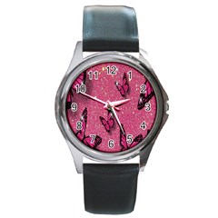 Butterfly, Girl, Pink, Wallpaper Round Metal Watch by nateshop