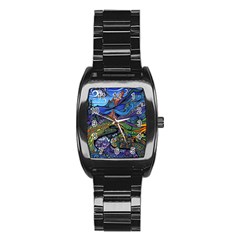 Multicolored Abstract Painting Artwork Psychedelic Colorful Stainless Steel Barrel Watch by Bedest