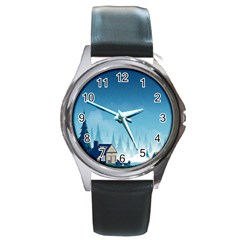 Winter Scenery Minimalist Night Landscape Round Metal Watch by Sarkoni