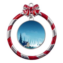 Winter Scenery Minimalist Night Landscape Metal Red Ribbon Round Ornament by Sarkoni